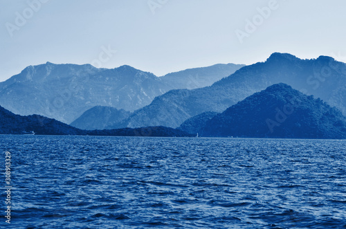 Mediterranean sea landscape view of coast. Color of the year 2020 Classic Blue. - Image