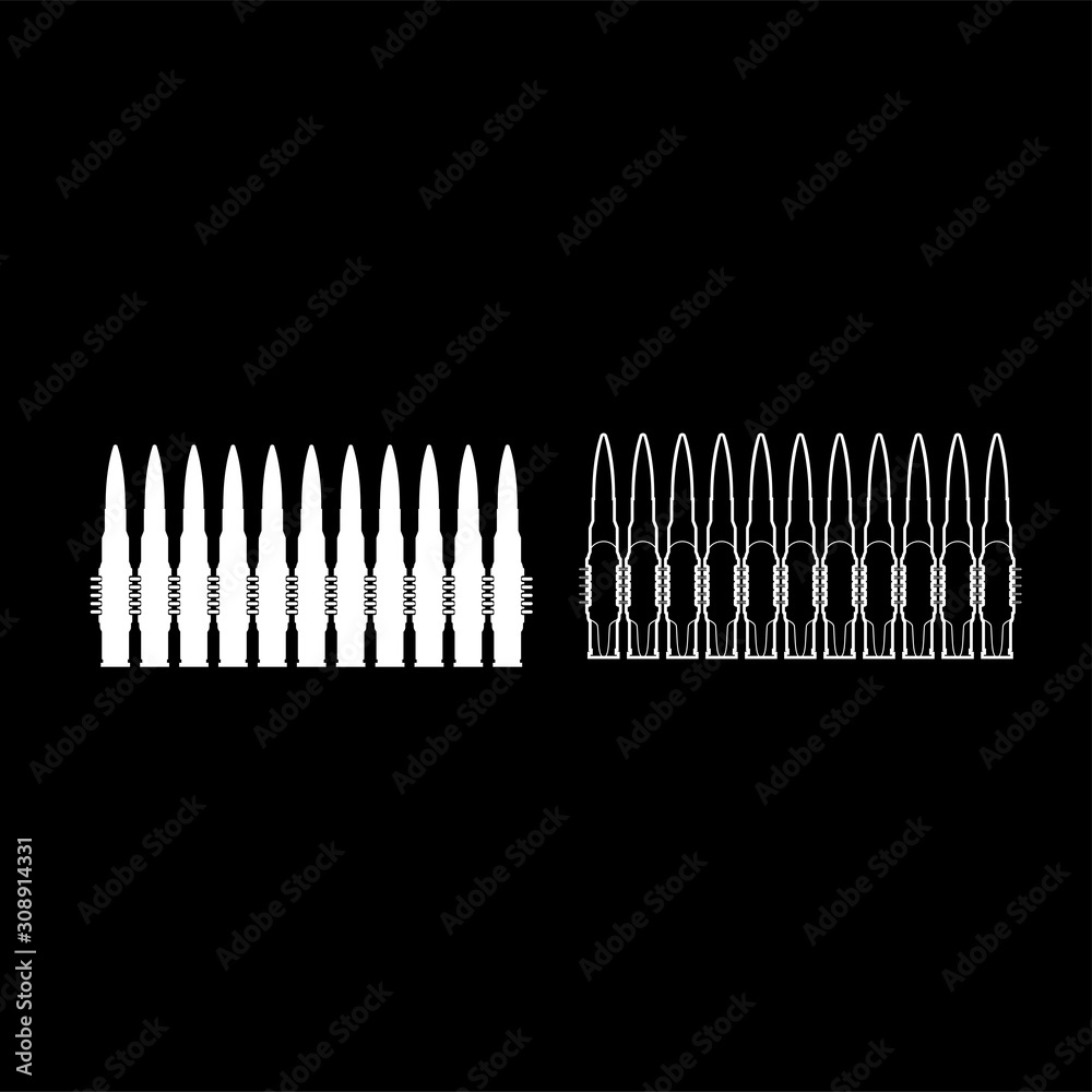 Bullets in row belt Machine gun cartridges Bandoleer War concept icon outline set white color vector illustration flat style image Bullets in row belt Machine gun cartridges Bandoleer War concept icon outline set white color vector illustration flat style image