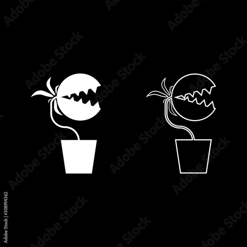 Carnivorous plant Flytrap Monster with teeths in pot icon outline set white color vector illustration flat style image