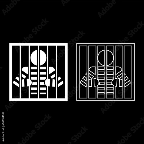 Prisoner behind bars holds rods with his hands Angry man watch through lattice in jail Incarceration concept icon outline set white color vector illustration flat style image