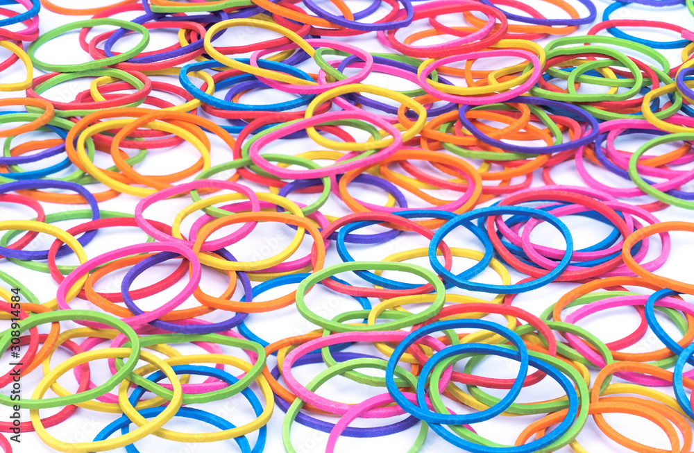 Elastic band rubber, multicolor rubber bands isolated on on white background, Colored elastic rubber bands