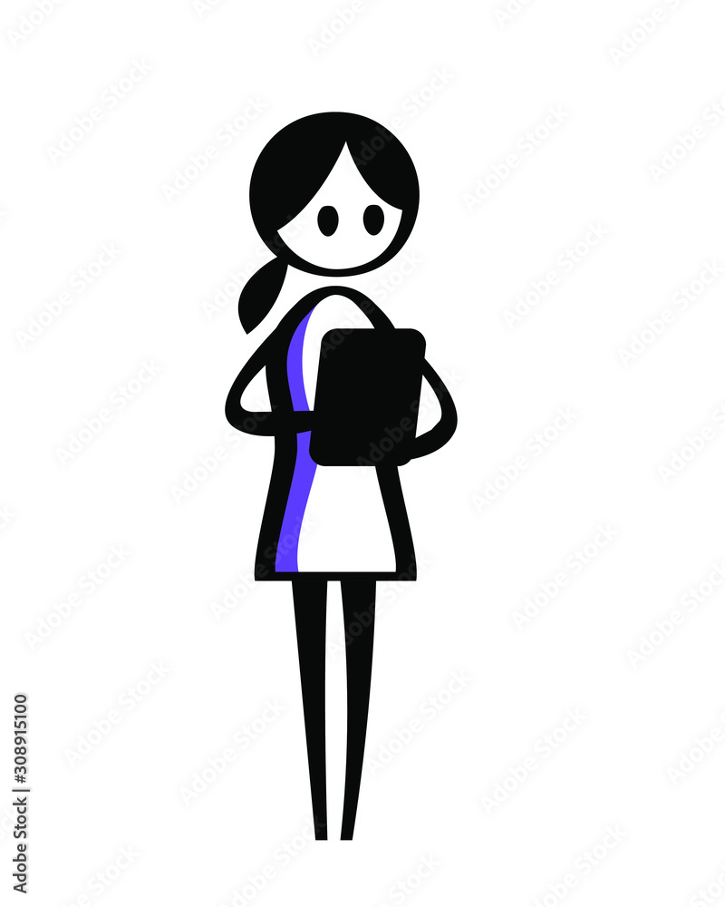 Flipchart style drawing of woman holding tablet - line art illustration for presentations