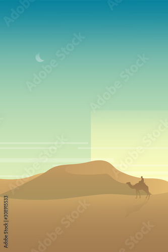 Minimalist desert panorama landscape with sand dunes and clear blue sky on very hot sunny day summer  concept. Scenery nature  background vector illustration