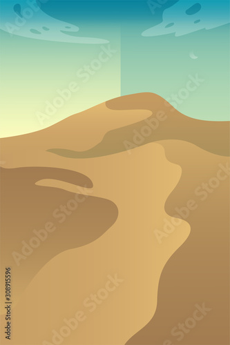 Minimalist desert panorama landscape with sand dunes and clear blue sky on very hot sunny day summer  concept. Scenery nature  background vector illustration