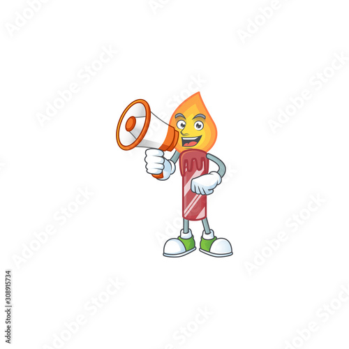 Funny cartoon style of red stripes candle with megaphone