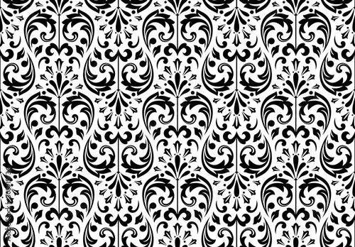 Wallpaper in the style of Baroque. Seamless vector background. White and black floral ornament. Graphic pattern for fabric, wallpaper, packaging. Ornate Damask flower ornament