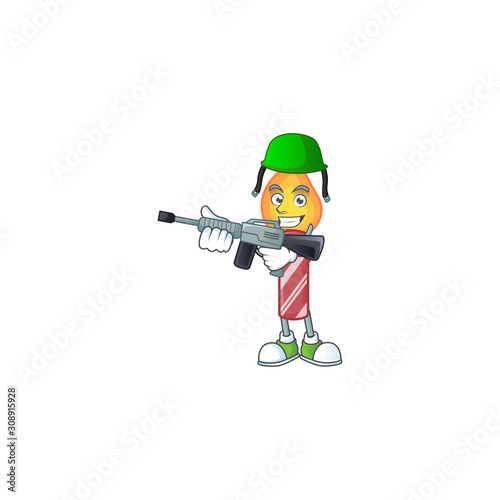 A cartoon style of red stripes candle Army with machine gun