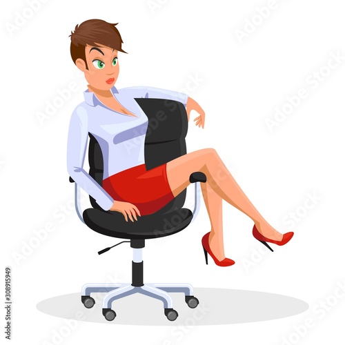 Brown haired young woman in light blue blouse, short red skirt sitting at rolling office chair with legs on armrest. Heeled girl is in informal situation. Vector cartoon illustration isolated on white