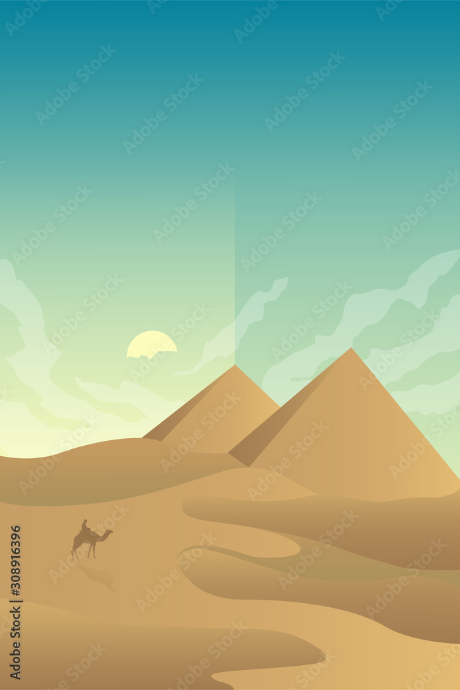 Minimalist desert panorama landscape with sand dunes and clear blue sky on very hot sunny day summer  concept. Scenery nature  background vector illustration