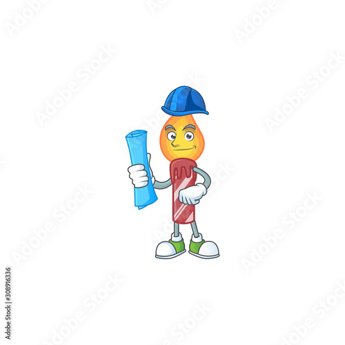 Cheerful Architect red stripes candle cartoon style holding blue prints