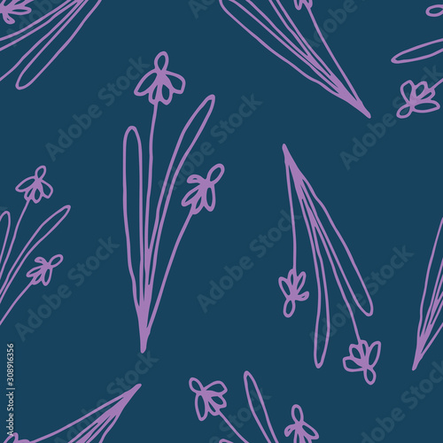 Floral seamless pattern in line art style.  Abstract botanical print of flowers, leaves, twigs. Textile design texture. Spring blossom background. Vector illustration.