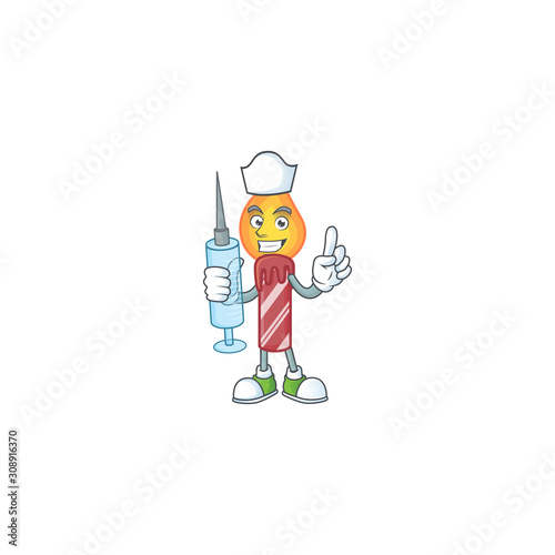 Cute Nurse red stripes candle character cartoon style with syringe