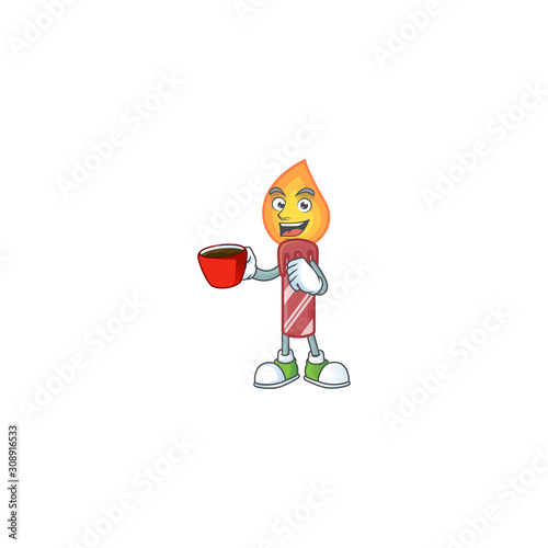 Sweet red stripes candle cartoon character with a cup of coffee