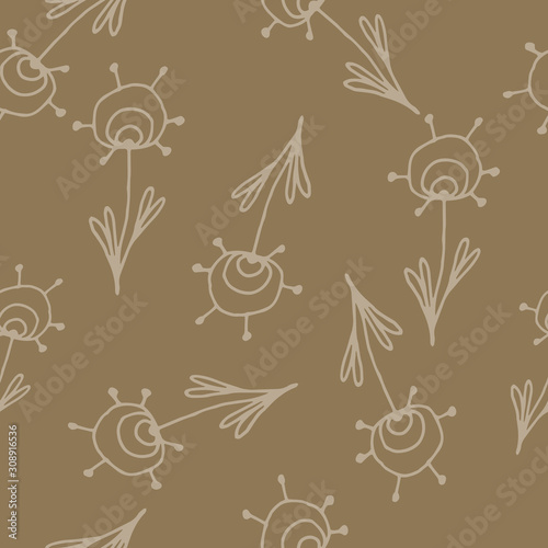 Floral seamless pattern in line art style.  Abstract botanical print of flowers, leaves, twigs. Textile design texture. Spring blossom background. Vector illustration.