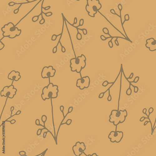 Floral seamless pattern in line art style.  Abstract botanical print of flowers, leaves, twigs. Textile design texture. Spring blossom background. Vector illustration.