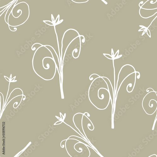 Floral seamless pattern in line art style.  Abstract botanical print of flowers, leaves, twigs. Textile design texture. Spring blossom background. Vector illustration.