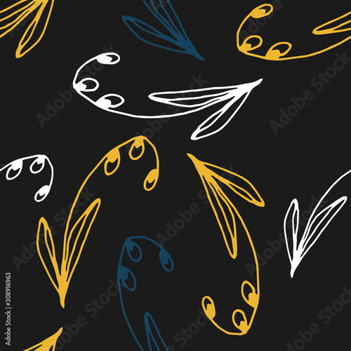 Floral seamless pattern in line art style.  Abstract botanical print of flowers, leaves, twigs. Textile design texture. Spring blossom background. Vector illustration.