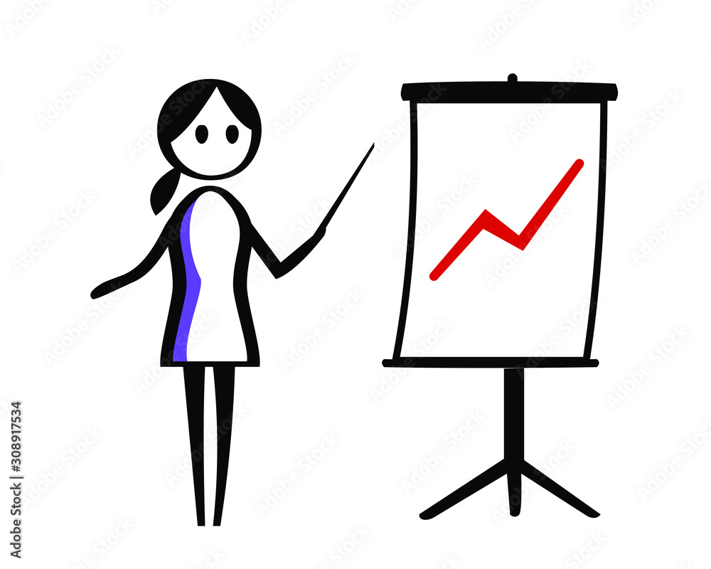 Flipchart style drawing of woman making presentation - line art illustration for presentations Flipchart style drawing of woman making presentation - line art illustration for presentations