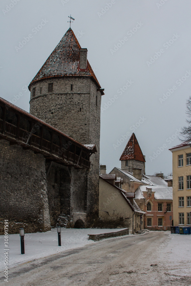 Historic tower defense tower in Old Town  in winter. Estonia