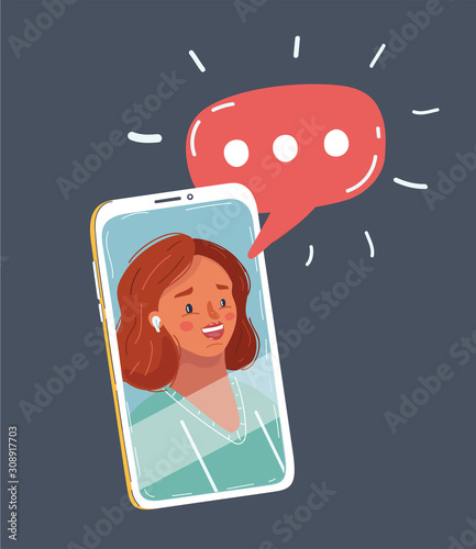 Young beautiful woman face speak on phone screen.
