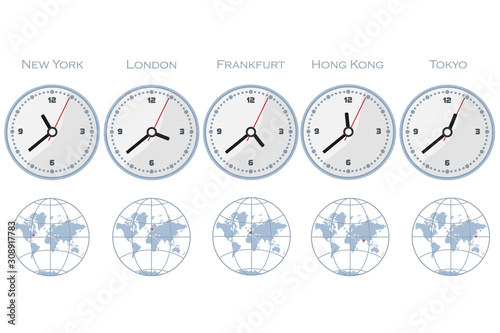 A clock showing the time of different time zones and a point on the map marking the time zone. Vector illustration on white background, isolate.