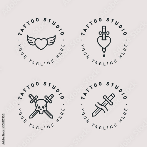 Tattoo Studio Circle Cute Logo Template. Creative Hipster Stamp Sign. Old School Heart Wings, Dagger Heart, Skull Sword. Vector Flat Line Icon.