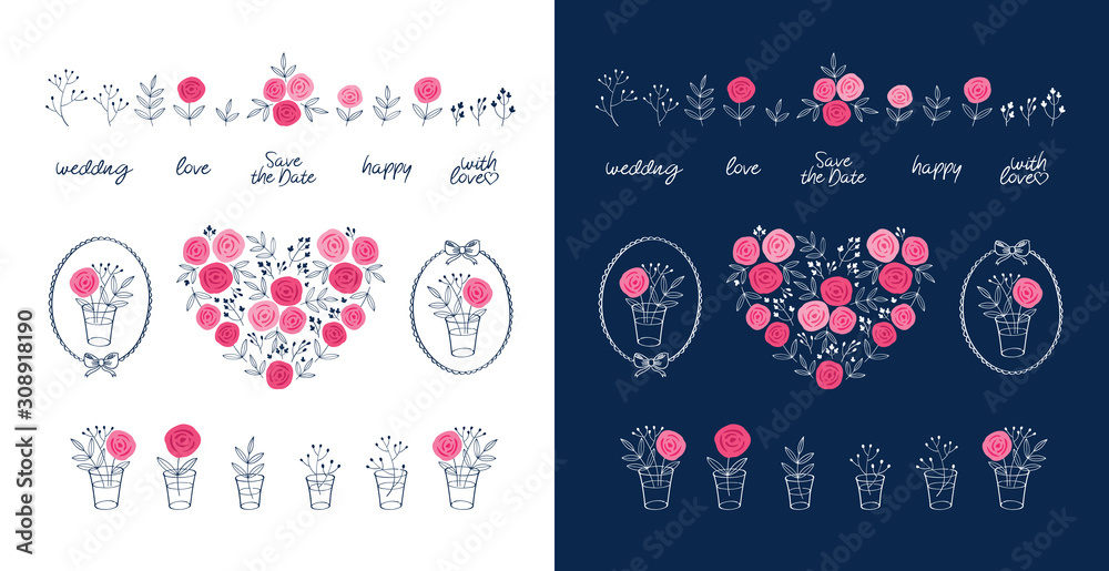 Fototapeta premium Set of hand drawn hearts, bouquets of flowers, leaves, and vintage frame. Floral elements for greeting cards, invitation, wedding, party, Valentine's Day, Mother's Day, Vector illustration.