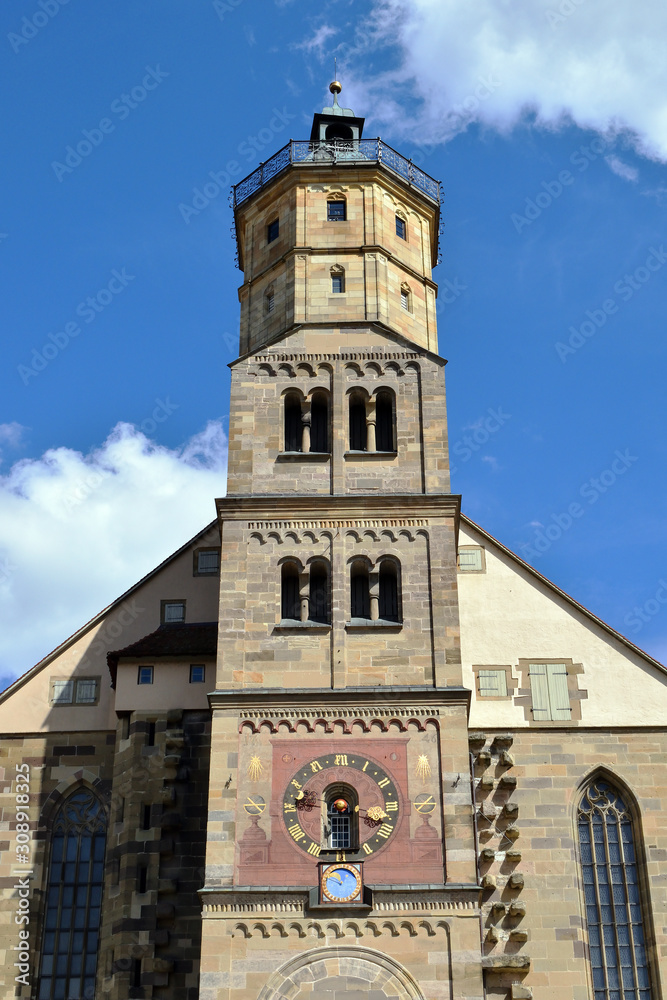 Old German Stone Church Tower with Decorated Clock  Tower
