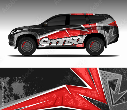 Car wrap decal design vector,  livery race rally car vehicle sticker. 4x4 Suv