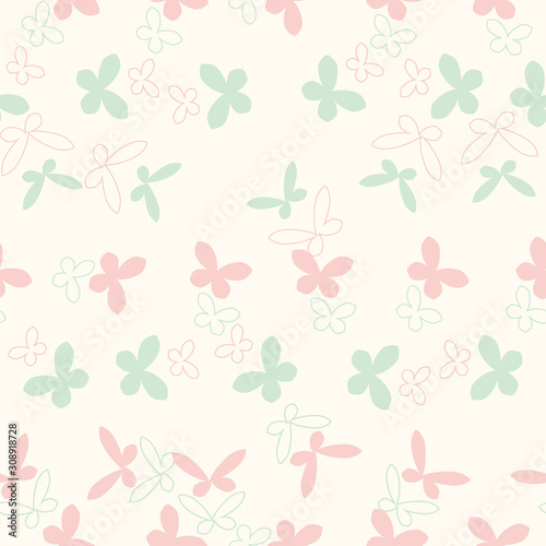 A seamless vector pattern with simple pastel colored butterflies on a light background. Girly decorative surace prit design. photo