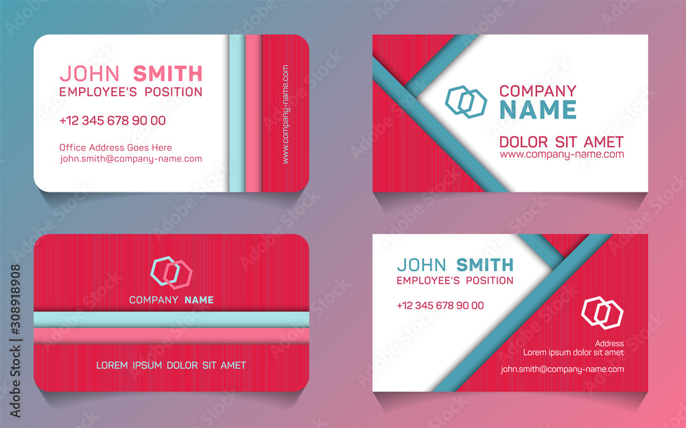 Double sided business card minimal idea vector templates set. Creative business card graphic design with logo, employee's name, position, mobile number, web address, company mane, e-mail.