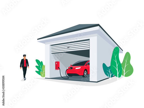 Red electric ev car parking charging at house garage wall box charger station stand at home. Smart battery energy storage system. Isolated vector illustration on white background. 