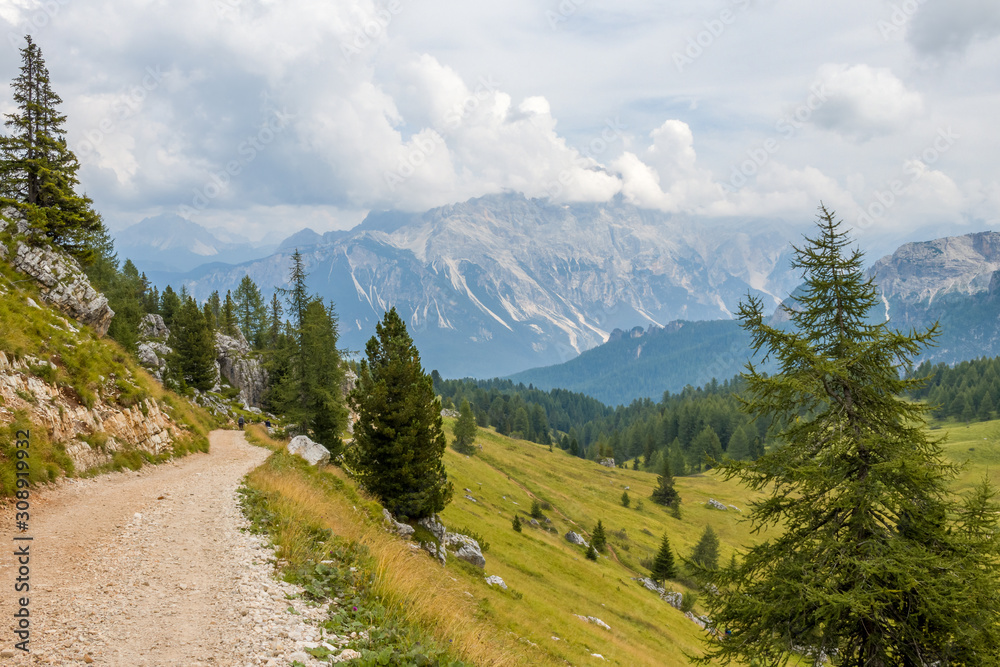 Szlak turystyczny w dolinie górskiej. Szczyty górskie przesłaniane chmurami. Krajobraz Dolomitów.