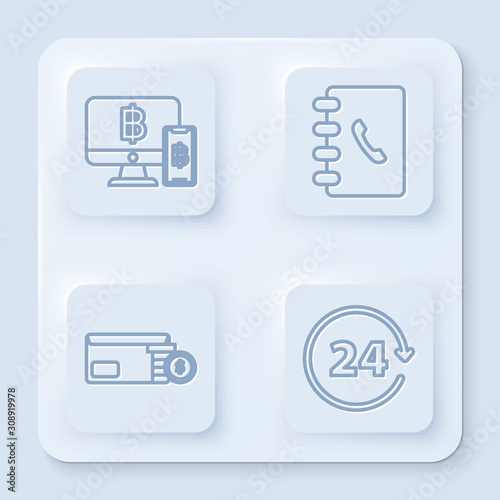 Set line Computer monitor with mobile phone and bitcoin, Address book, Envelope with coin dollar symbol and Clock 24 hours. White square button. Vector