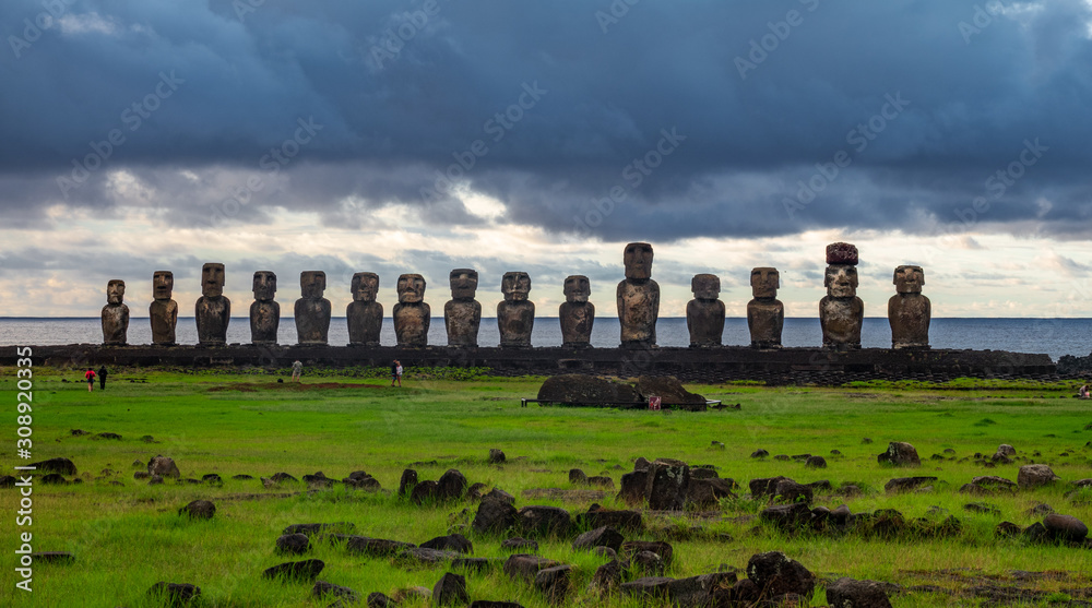Ahu Tongariki moai platform under cloudy sky