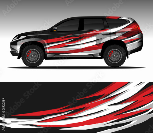 Car wrap decal design vector,  livery race rally car vehicle sticker. 4x4 Suv