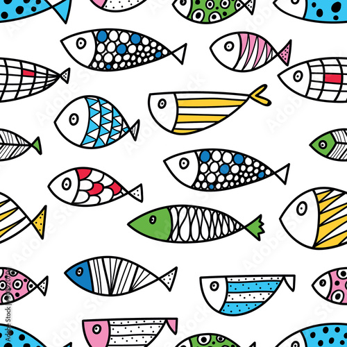 Cute line fish. Vector seamless pattern.