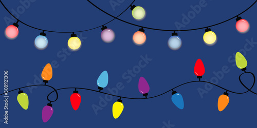Glowing christmas lights. Holiday festive xmas decoration. Lightbulb garland. Colorful string fairy light set. Rainbow color. Flat design. Blue background. Isolated.