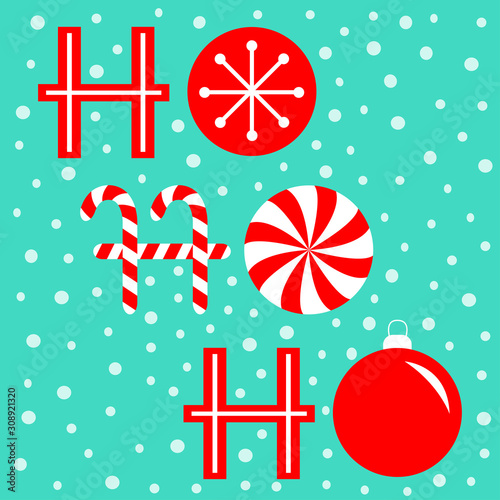 Ho ho ho text lettering banner. Candy Cane Merry Christmas ball bauble xmas decoration. Snowflake. Red white peppermint stick and circle. Flat design. Blue snow background.