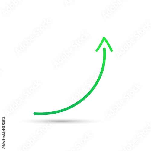 Green curved arrow sign, symbol and icon for business or website button decoration in isolated light background. Vector illustration
