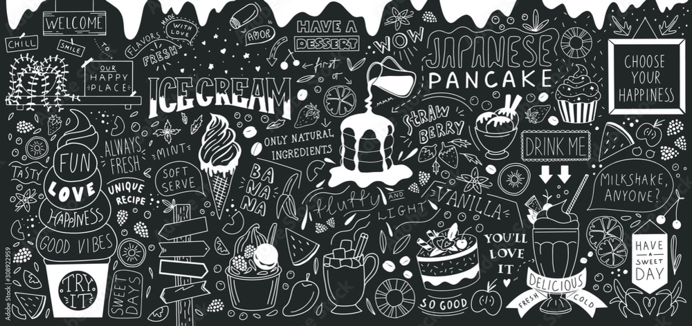 Ice cream bar doodle art. Dessert big set. Line vector elements with lettering.  - obrazy, fototapety, plakaty 