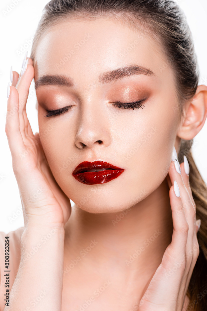 beautiful young woman touching face with closed eyes isolated on white beautiful young woman touching face with closed eyes isolated on white