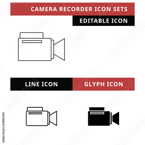 Camera Recorder icons set vector design, modern editable line and  glyph icon, black color and isolated for icon presentation, website and banner