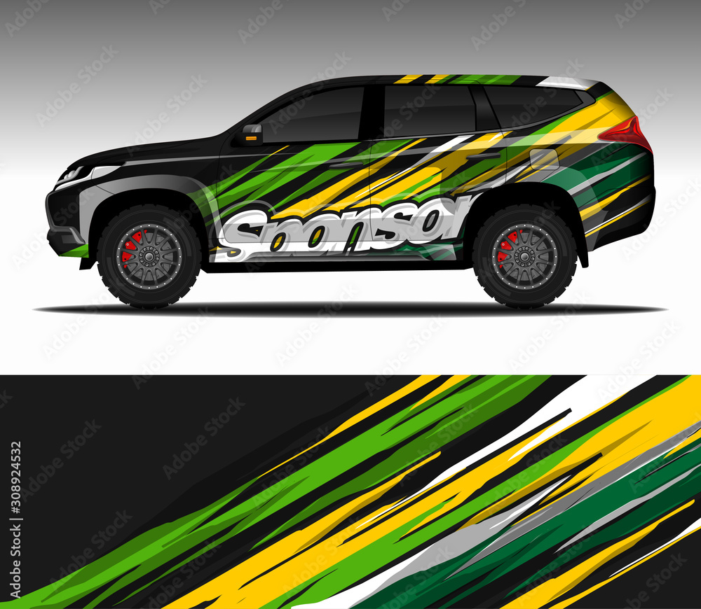 Car wrap decal design vector,  livery race rally car vehicle sticker. 4x4 Suv