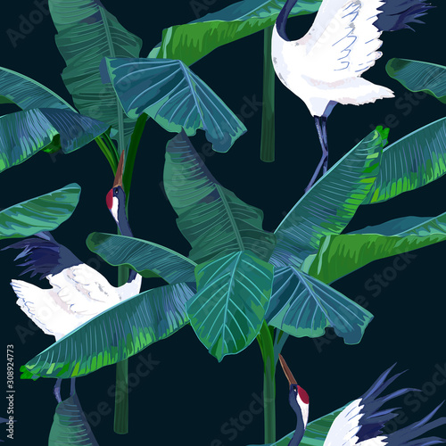 Jungle seamless pattern with cranes. Summer tropical palm trees print. Vector...