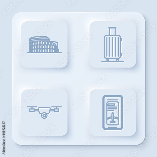 Set line Coliseum in Rome, Italy, Suitcase for travel, Drone flying with action video camera and Smartphone with electronic boarding pass airline ticket. White square button. Vector
