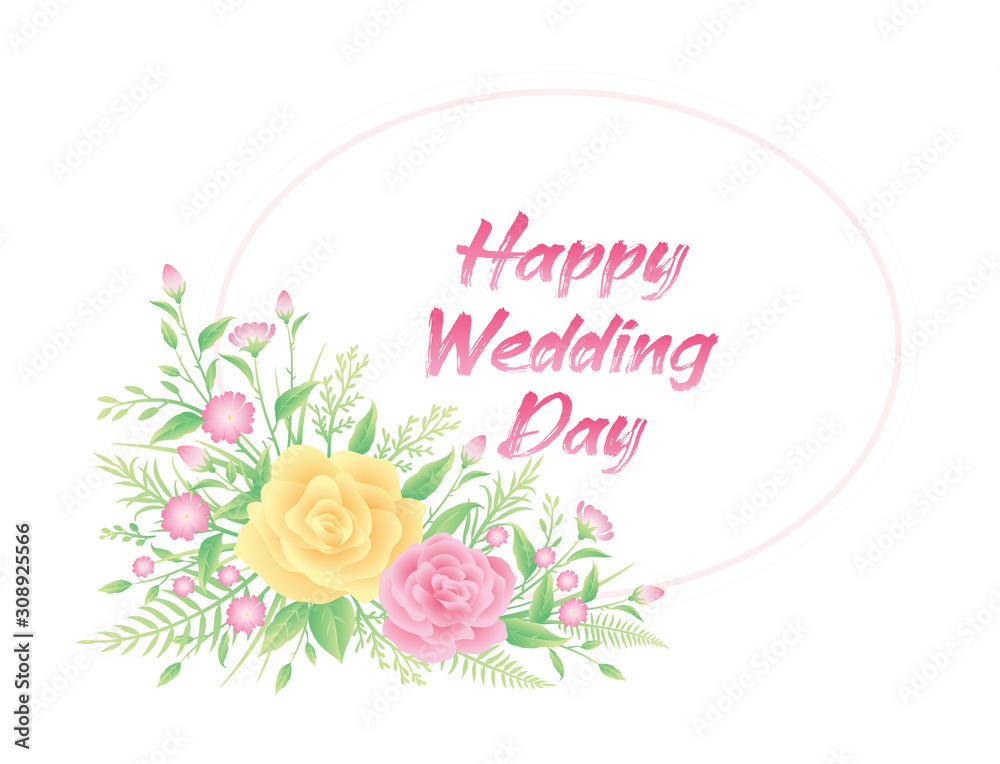 Floral frame decoration and happy wedding day text