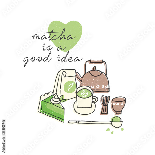 Vector illustration of matcha tea products. Hand draw set of tea, coffee and sweets.