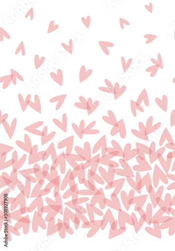 Vector seamless boarder pattern with pink transparent hearts isolated on white. Romantic girlish background for Valentine Day. Love hearty backdrop.