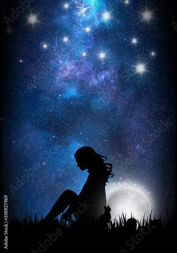 Woman and the moon cartoon character in the real world silhouette art photo manipulation